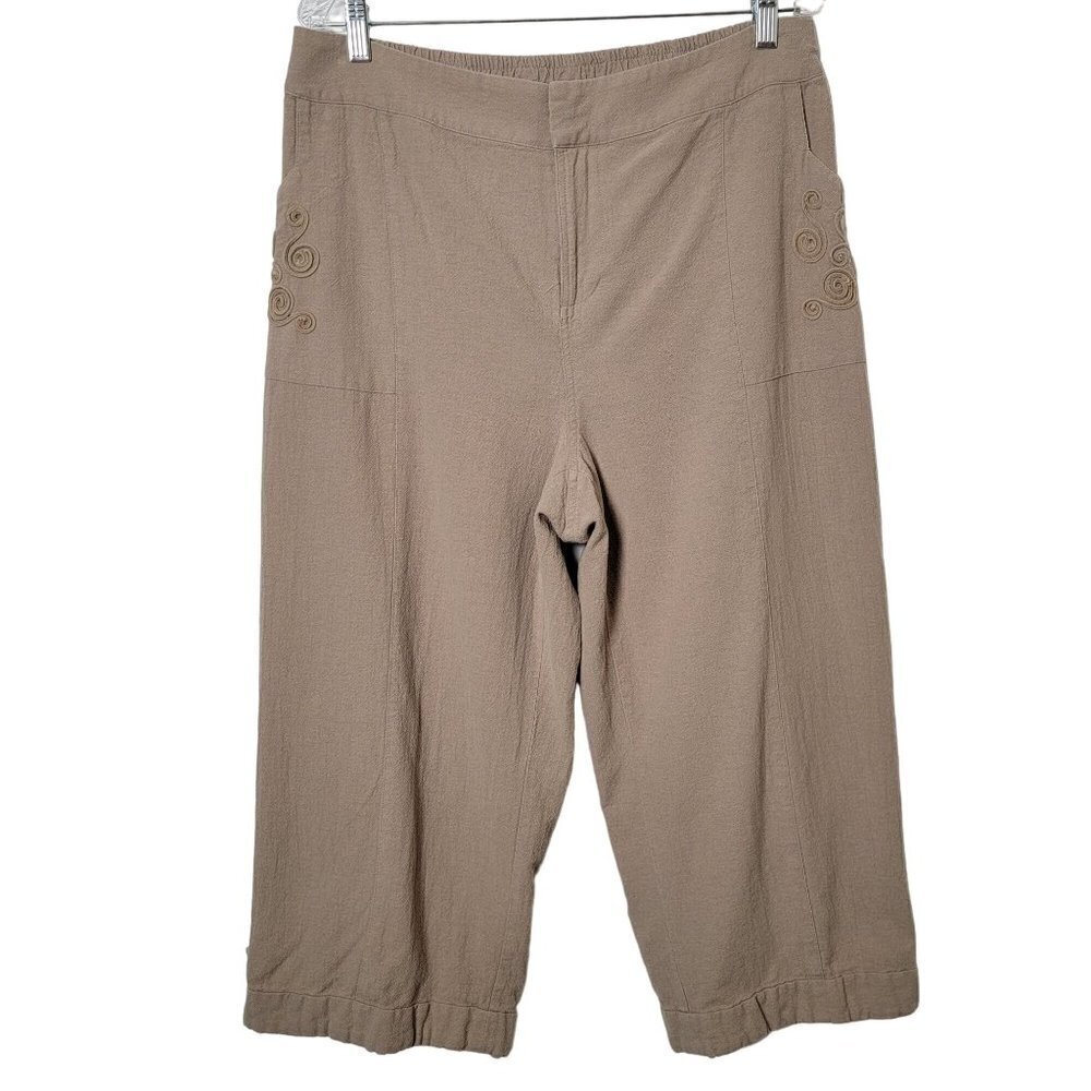 Soft Surroundings Tan Embroidered Minimalist Boho Cotton Stretchy Crop Pants 1X